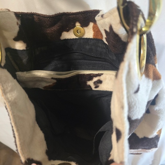 Braciano Cow Print Furry Hobo Shoulder Bag Gold Tone Hardware - Picture 5 of 9